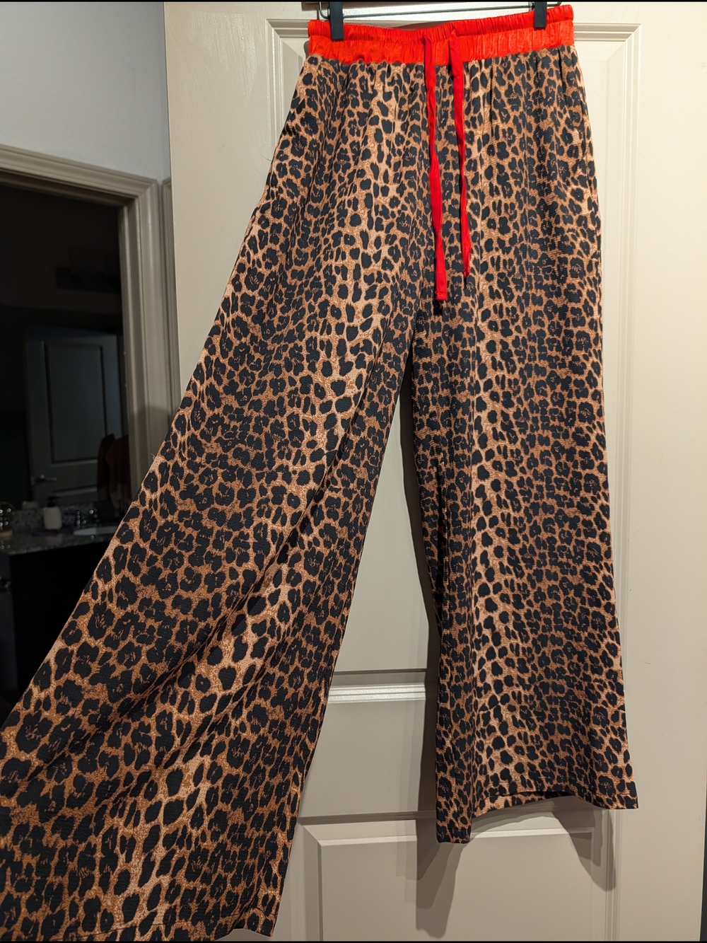 NWOT Dressed In Lala Leopard Print Wide-Leg Pants with Red Waistband - Picture 3 of 4
